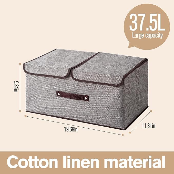 Linen Fabric Storage Bins with Lids and Dividers 2-Pack, 37.5L Collapsible Closet Organizers, Foldable Divided Boxes for Clothes, Beige Linen Closet Organization(Beige)