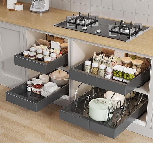 4 Pack Pull Out Cabinet Organizer 21" Deep with Raising Pad for Framed Cabinets, Expandable (9"-14" W) Slide Out Drawers for Kitchen Cabinets with 4pcs Divider Racks, Roll Out Shelves, Black