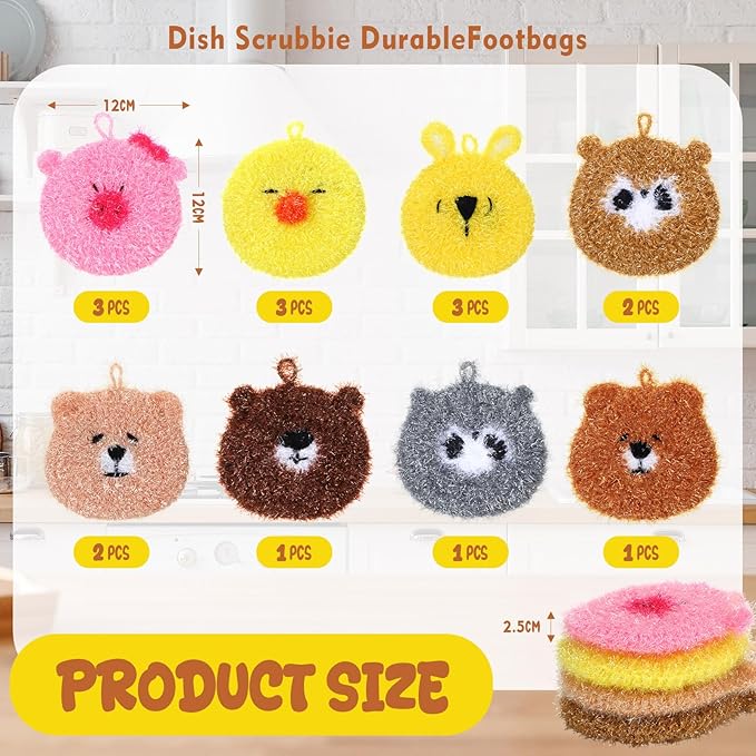 16 Pcs Dish Scrubber Non Scratch Dish Washing Scrubbers Reusable Household Cleaning Kitchen Tools for Dishwashing Washing Dishes Cookware Tubs Sinks (Animal)
