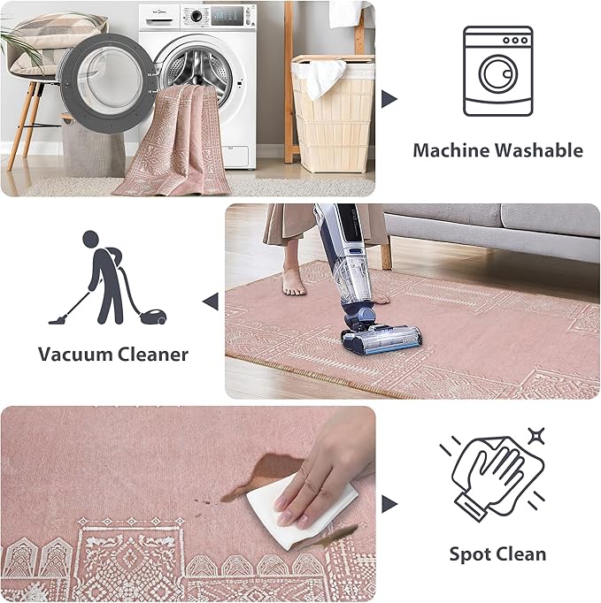 NICETOWN 8x10 Large Washable Pink Area Rug - Boho Non-Slip Folable Rug Stain Resistant Oriental Medallion Living Room Carpet for Girls Room Kitchen Laundry Bathroom Bedroom, Light Pink