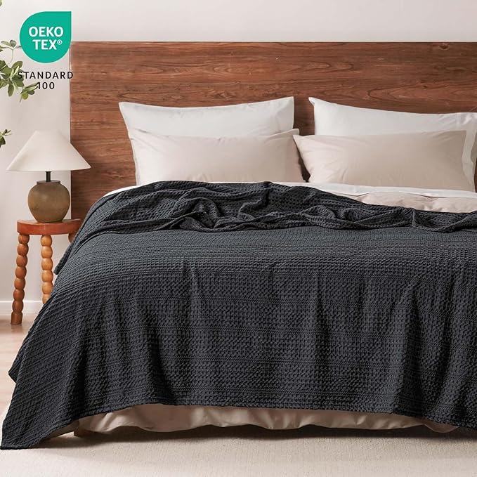 PHF Lightweight Waffle Weave Blanket King Size 104"x 90", Soft Woven Summer Blanket for Hot Sleepers - Aesthetic Home Decor for Couch Bed Sofa, Pet Friendly, Black