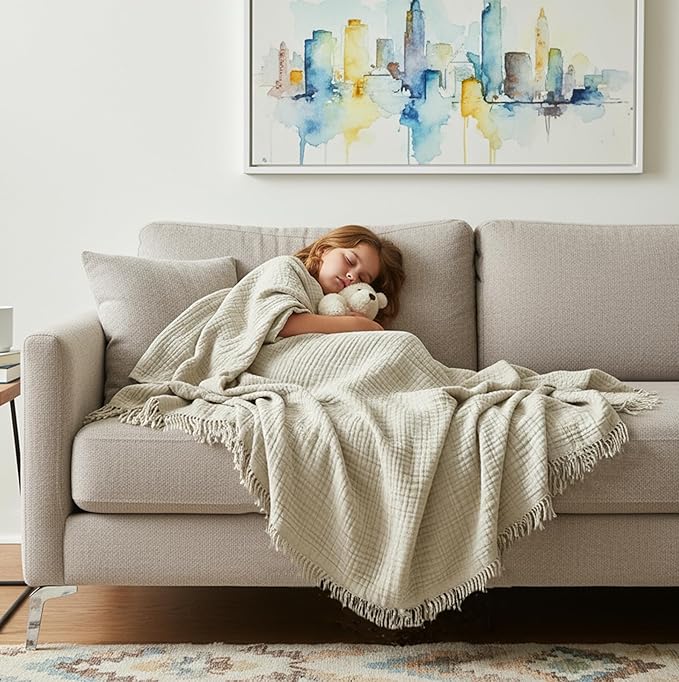 KyraHome 100% Organic Cotton Muslin Blankets for Adults, Kids, Large 60“x80 Plant Dyed Breathable Lightweight Gauze Soft Cotton Throw Blanket for Couch, All Season, Oatmeal Khaki
