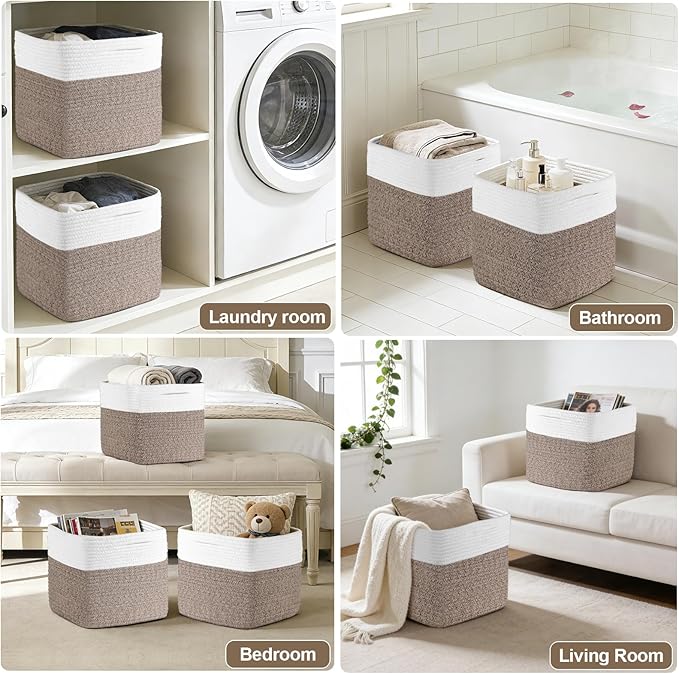 Storage Cubes 11 Inch Storage Baskets for Shelves, Set of 3 Cotton Rope Woven Baskets for Organizing, Cube Storage Square Bins for Toy, Playroom Decor, Classroom, Closet, White+brown