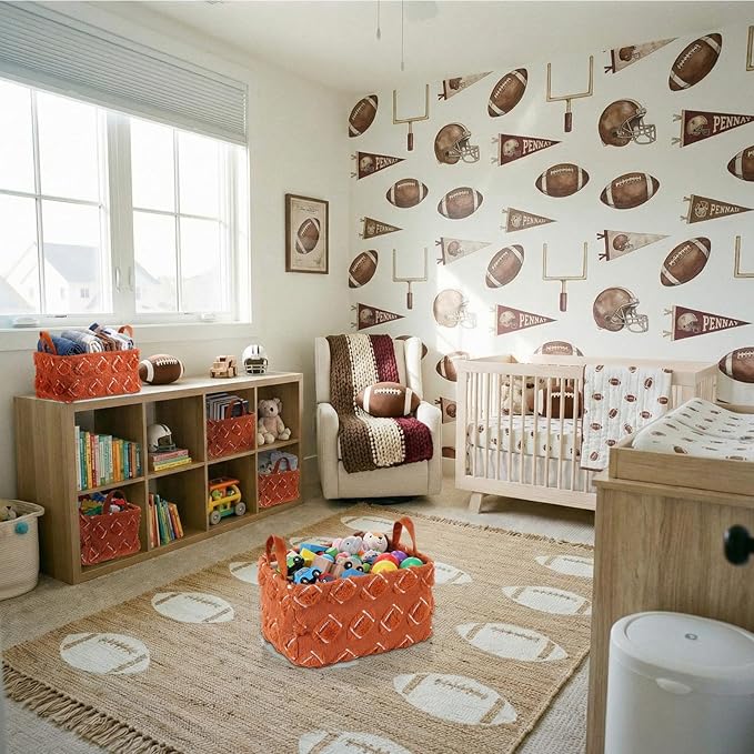 2 Pcs Brown Football Storage Baskets 14x10 Inch Easter Basket Sport Theme Room Decor Laundry Foldable Fluffy Storage Bin with Handle Closet Organizer for Countertop Tabletop Car