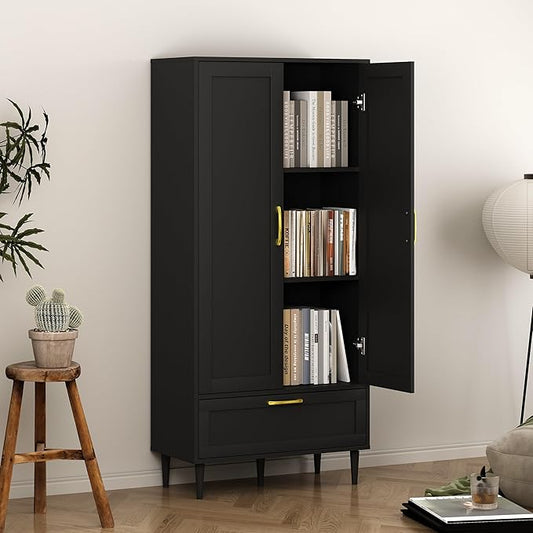 60" Tall Wooden Storage Cabinet with Adjustable Shelves, Large Capacity Freestanding Pantry Cabinet for Living Room, Kitchen, and Dining Room,Black