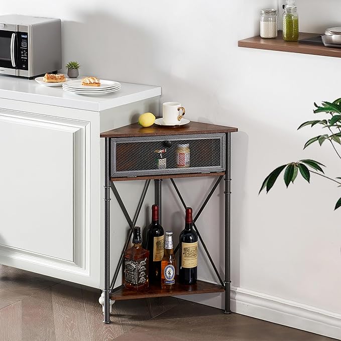 VECELO 3 tier Corner Table/Cabinet with Flip Door and Storage Shelves, Free-Standing Organizer for Compact Space in Living Room/Study/Lobby/Bedroom,Industrial