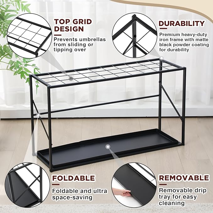 Folding Umbrella Storage Stand Rack Holder Organizer Free Standing Umbrella Rack with Removable Drip Tray for Entryway Home Office Hotel Entry Hallway (L35.51 X W11.89 X H19.69 Inch)