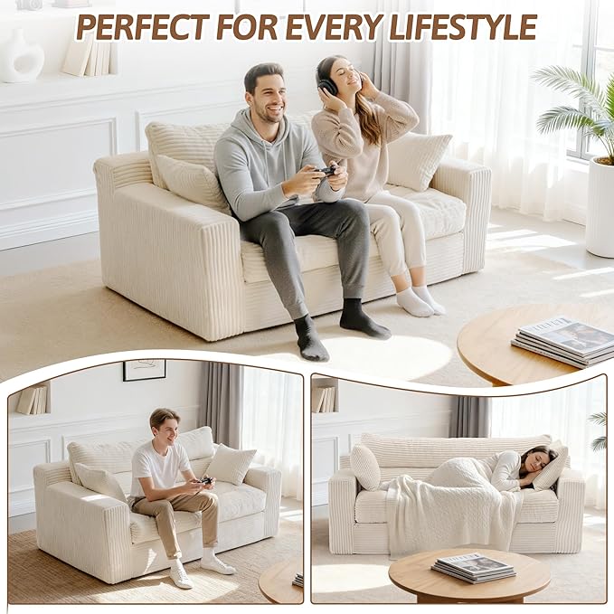 Convertible Sofa Bed, Pull Out Boneless Couch Loveseat Floor Sofa Bed with Pillows, 2-Seater Folding Sofa Loveseat Boneless Couch for Living Room, Bedroom, Apartment, Office (Beige)
