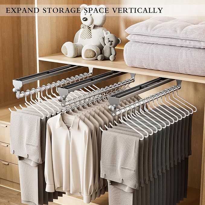 2 Pack Pull Out Closet Rod, 13.7inch Heavy Duty Pants Rack, Adjustable Clothes Hanger Rail, Space Aluminum Valet Rod, Top Mounted Wardrobe Clothes Organizer, Closet Storage for Trousers Coats Gray