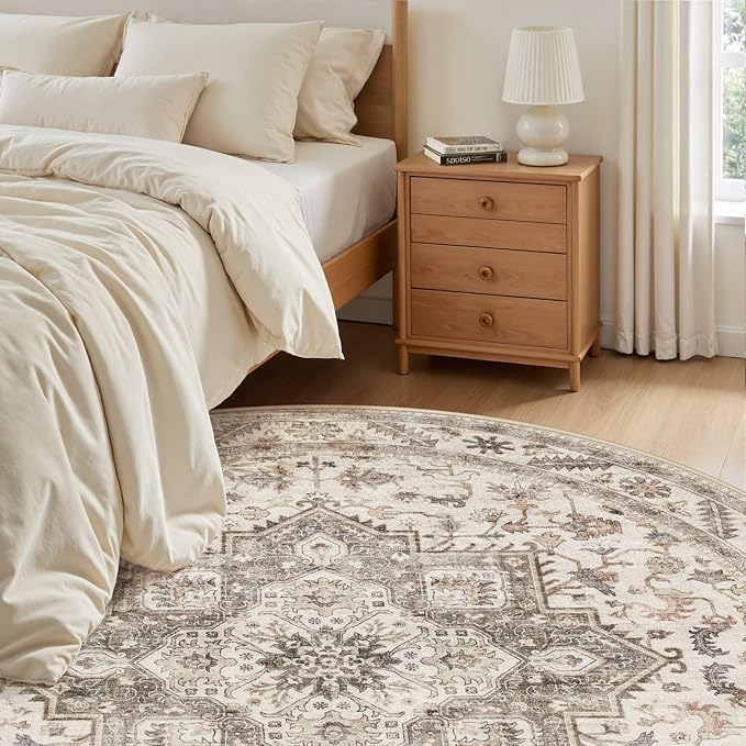 6ft Round Vintage Living Room Area Rug - 6x6 Large Soft Washable Oriental Traditional Distressed Farmhouse Rugs for Bedroom - Indoor Floor Accent Carpet for Home Office House Decor - Light Brown