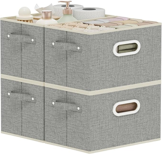 Fabric Open Storage Bins with Metal Handles, Collapsible Organizer Baskets, Foldable Cube Boxes for Shelves, Closet, Living Room, 10.2x7.9x6.7in, Grey, 4 Pack