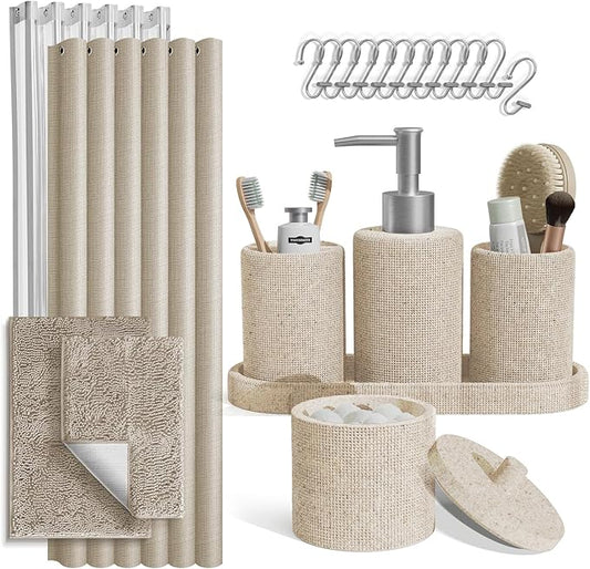 Clara Clark Beige Bathroom Set - Bathroom Sets with Shower Curtain and Rugs, 21PC Bathroom Accessory Set, Shower Curtain Set with Soap Dispenser & Toothbrush Holder