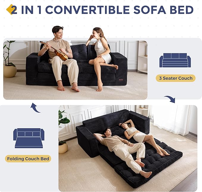 MAXYOYO Convertible Sofa Bed, Pull Out Oversized Loveseat Sleeper Sofa, Fold Out Floor Couch with Pillows for Living Room Bedroom Lounge, Black