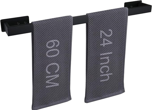 LANC Matte Black 24-Inch Bath Towel Rack Self-Adhesive Bathroom Towel Bar for Wall Mounted and Drill Free Towel Rod, Sticky on Kitchen Bathroom Towel Holder Stainless Steel, A8310MB-L6