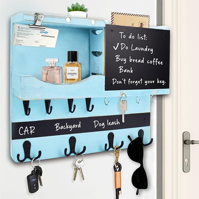 Key Holder for Wall Mount with Shelf and Mail Organizer, Key and Mail Holder with 16 Hooks, Farmhouse Entryway Organizer, Home Decor Rack(Pine Wood,Blue)