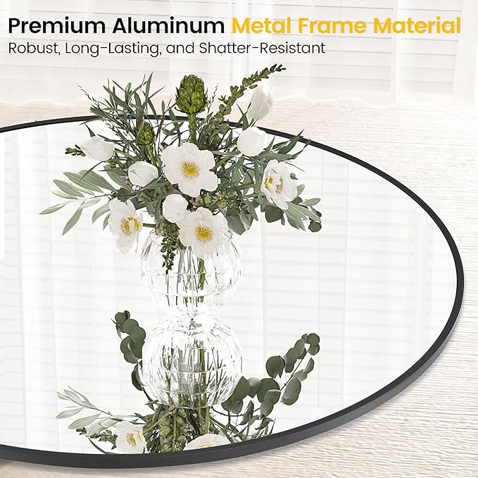 24 in Round Mirror for Wall, Black Metal Frame Circle Mirror, Round Bathroom Mirror for Wall Decor, Mirror for Entryway, Vanity, Bedroom, Easy to Install