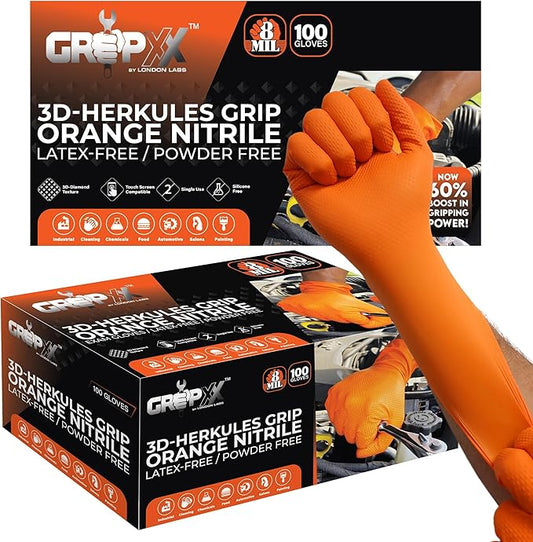 Herkules Grip Heavy Duty 8Mil Orange Nitrile Gloves,3D Raised Diamond Texture-Latex & Powder Free-Industrial, Mechanic (2, Medium)