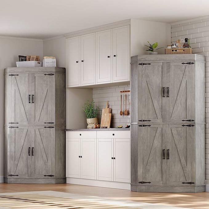 Corner Cabinet, Kitchen Pantry Cabinet, Storage Cabinet with 4 Doors and Shelves, Kitchen Cabinet, Pantry Cabinet, Tall Food Pantry Storage Cabinet Farmhouse Furniture for Kitchen Dining Room, Grey