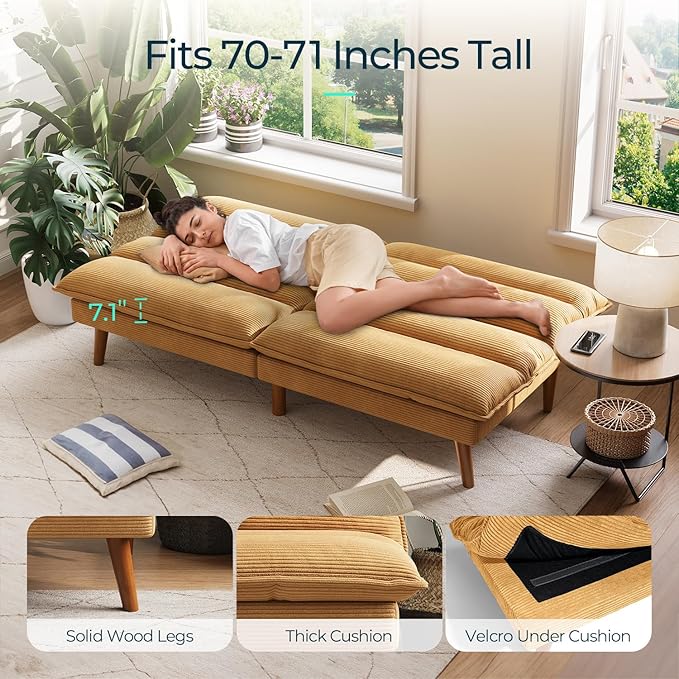 LINSY HOME Futon Sofa Bed - Convertible Corduroy Futon Couch Bed with Adjustable Backrest, Modern Small Loveseat Sleeper Sofa for Small Spaces, Living Room, Apartment or Office (Yellow)