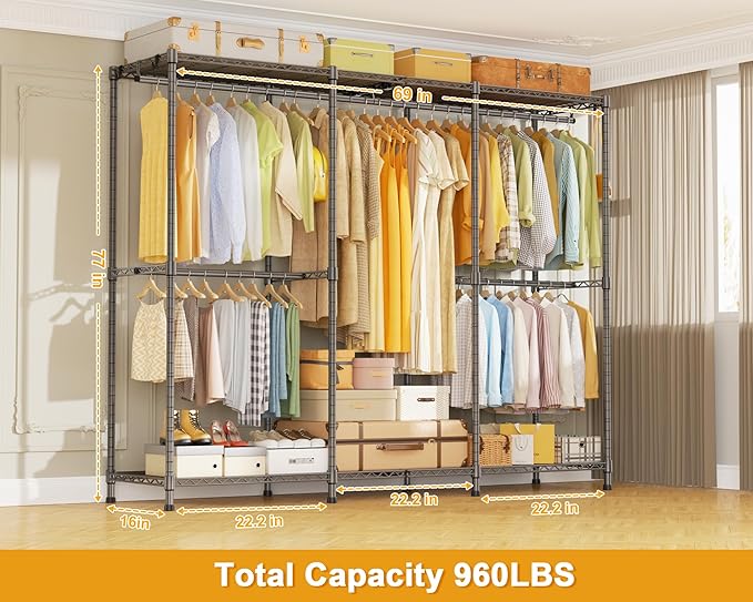 E14 Pro Heavy Duty Clothes Rack，Freestanding Clothing Racks for Hanging Clothes，Adjustable Closet Organizers and Storage，Metal Garment Rack with Shelves 69"W x16"D x77"H，Max Load 960LBS，Grey