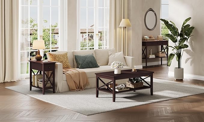 ChooChoo End Table with Charging Station, Narrow Side Table with USB Ports and Outlets, Nightstand with Drawer, for Small Spaces, Bedside Tables for Living Room, Espresso
