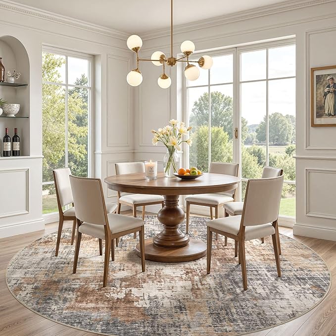 10ft Round Area Rug Living Room Rugs - 10x10 Washable Circle Rug Large Soft Indoor Neutral Modern Abstract Low Pile Carpet for Bedroom Dining Room Farmhouse Home Office - Grey Brown