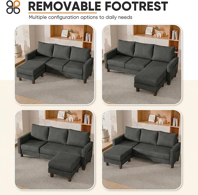 JUMMICO L Shape Sectional Sofa Couch, 3 Seat Convertible Sofa with Movable Ottoman and Side Storage Pockage, Modern Sofa Small Couches for Living Room & Apartment and Small Space (Linen, Deep Grey)