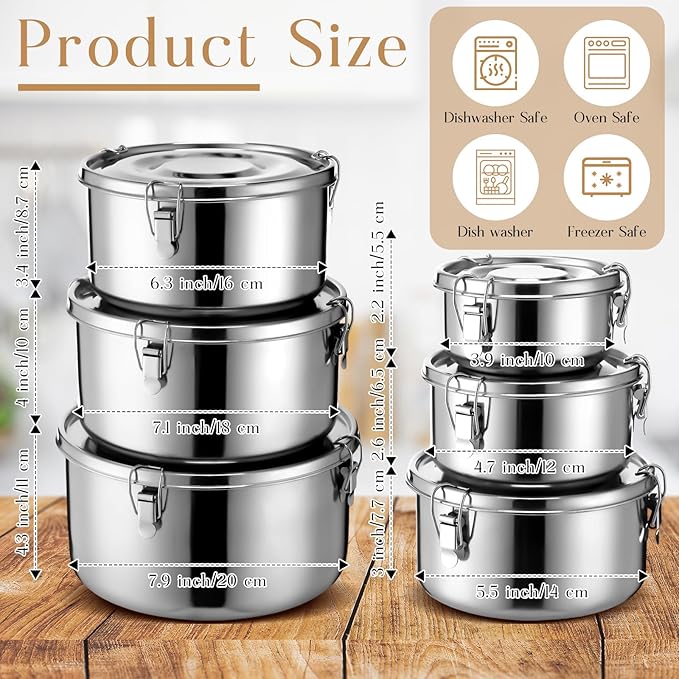 6 Pcs Stainless Steel Bento Box with Lockable Clips to Leak Proof Food Storage Containers Metal Lunch Container, Reusable Dishwasher Safe Lunch Snack Boxes, 6 Sizes