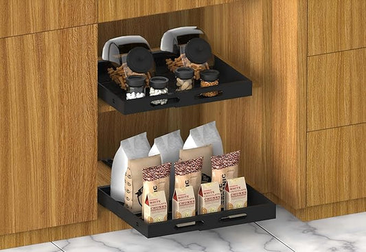 Expandable Pull Out Cabinet Organizer - 17" Deep, Adhesive No Drill, Expandable Drawer For Kitchen, Pantry, Bathroom