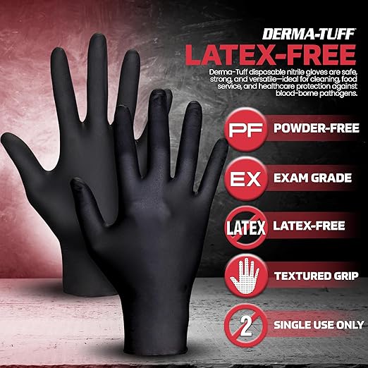 Derma-Tuff Powder Free Nitrile Gloves XL, 6 Mil Chemical + Puncture Resistant Exam Grade, Latex Free Black Gloves Disposable for Maintenance, Automotive and Janitorial, 120 Ct