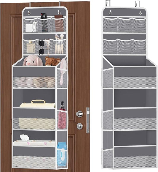 5-Tier Over The Door Organizer with Mesh Pockets, Baby Nursery Storage for Closet, Bathroom and Bedroom, Adjustable Hanging Closet Organizer for Cosmetics, Books and Essentials (Dark Grey)