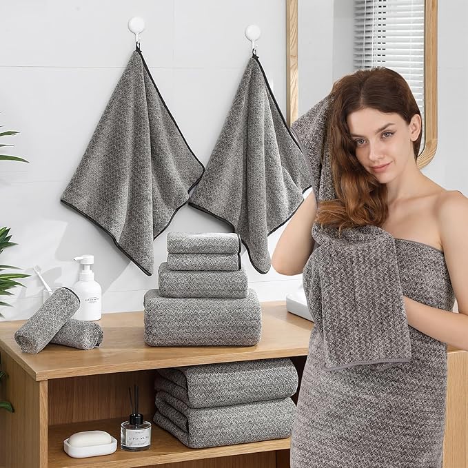 18 Piece Bath Towels Set,100% Microfiber Family Bathroom Towel with Hanging Loops-6 Bath Towels,6 Hand Towels,6 Washcloths,Quick Dry Highly Absorbent Shower Towel for Bathroom,Hotel,Spa-Brown