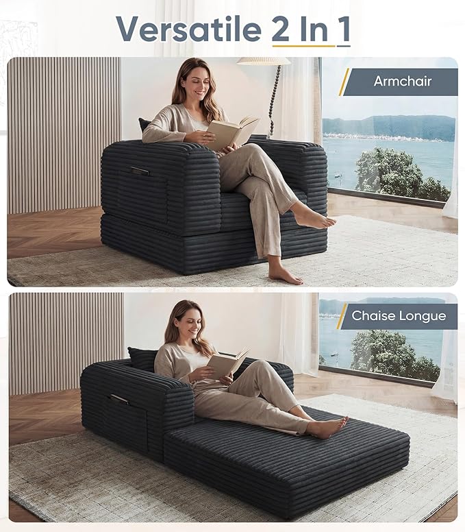 Versatile 2 In 1 Armchair Convertible Chaise Longue Small Couches Fomfy Bean Bag Chair for Small Spaces, Portable Chair Bed Comfy Floor Sofa Lounge Couch for Bedroom, Apartment, 1 Seater, Black