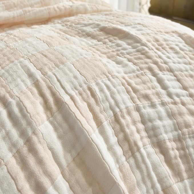 SANACYNA 100% Cotton Muslin Blanket 6-Layer Gauze Cream Grid Cooling Blanket Lightweight Soft and Breathable Blanket for Sofa Couch Bed Coverlet Both Sides (Cream, Throw 50"x60")