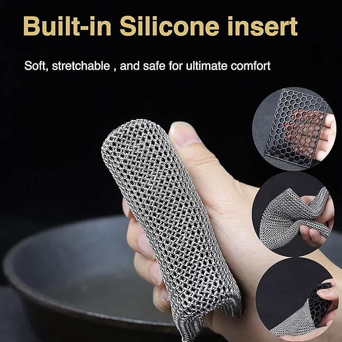 Cast Iron Cleaner Chainmail Scrubber -Fine Ring- 316 Stainless Steel Scrubbing Sponge Skillet – Dish Scrubber - Built-in Silicone with Welded Rings - for Cast Iron Pots, BBQ, Dishes (Standard)