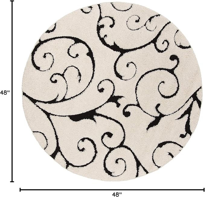 SAFAVIEH Florida Shag Collection Area Rug - 4' Round, Ivory & Black, Scroll Design, Non-Shedding & Easy to Clean, High-Low Plush Pile, Ideal for Living Room, Bedroom, Dining Space (SG455-1290)