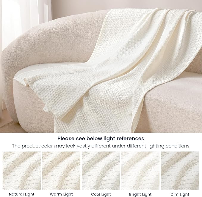 PHF Lightweight Waffle Weave Throw Blanket 50"x 60", Soft Woven Summer Blanket for Hot Sleepers - Aesthetic Home Decor for Couch Bed Sofa, Pet Friendly, Cream
