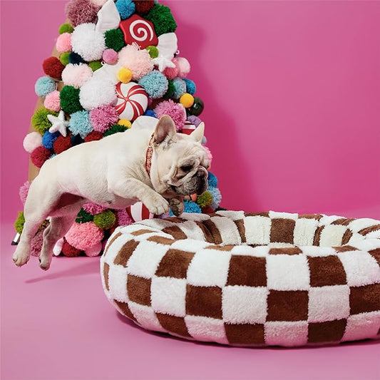 LE SURE Donut Medium Dog Bed - Round Cat Beds for Indoor Anti-Anxiety Calming Pet Beds, Washable Cute Modern Beds with Teddy Sherpa Plush & Anti Slip Bottom, 30 Inch, Brwon