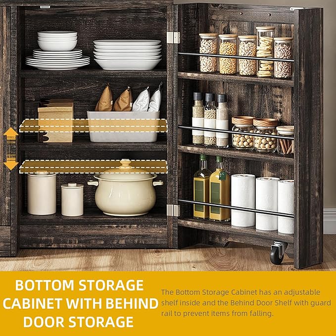 DWVO Kitchen Pantry Storage Cabinet with Tilt-Out Trash Can Fit 10 Gallon, Tall Farmhouse Kitchen Hutch Cabinets with Charging Station & Microwave Stand for Home Living Dining Room, Dark Rustic Oak