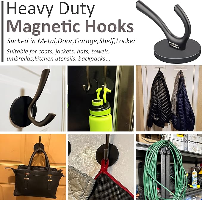ULIBERMAGNET Strong Magnetic Double Hooks, 2 Pack Heavy Duty Sturdy Coat Magnetic Hooks, Rubber Magnets Large Hooks for Coat Robe Towel Key Hat (Black)