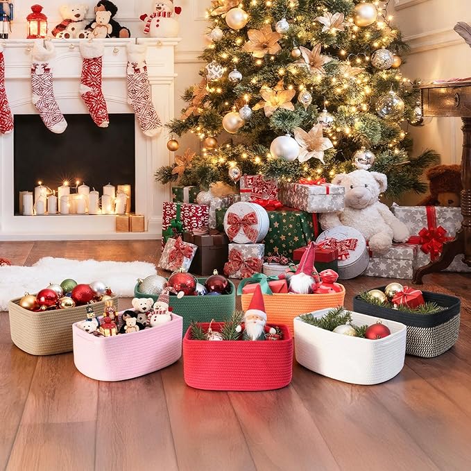 3-Pack Small Storage Baskets for Organizing | Woven Shelf Toy Basket | Rope Baskets for Gifts Empty | Closet Organizer Bins with Handles | Cube Decorative Box | 11.8×7.8×5.1” | Orange