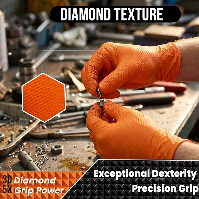 Black 10 Mil Nitrile Gloves, Diamond Textured Grip, Extra Thick Heavy Duty Disposable, Latex-Free, Tear & Chemical Resistant, Multipurpose Gloves for Kitchen, Cleaning, Medium
