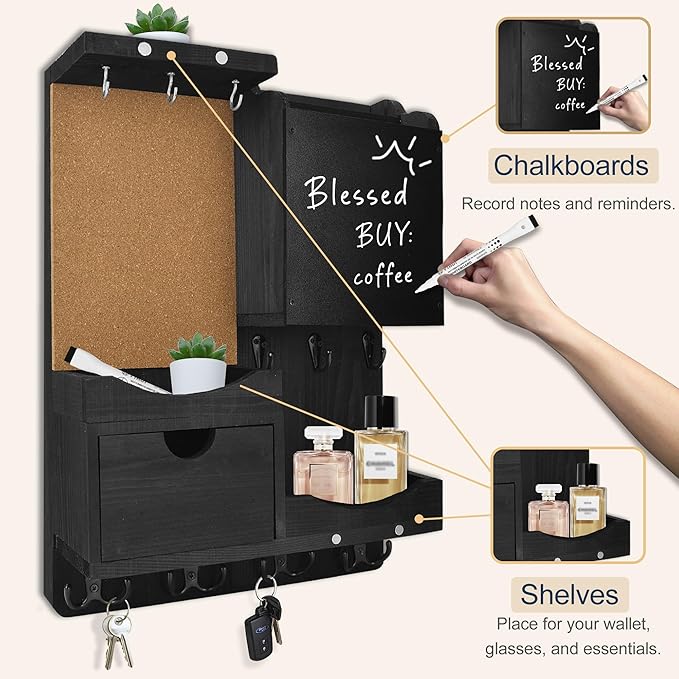 Key Holder Wall Mount, Mail Organizer Key Holder for Wall with Shelf, Drawer, Chalkboard, Corkboard, Home Decor Mounted for Room Entryway (Black)