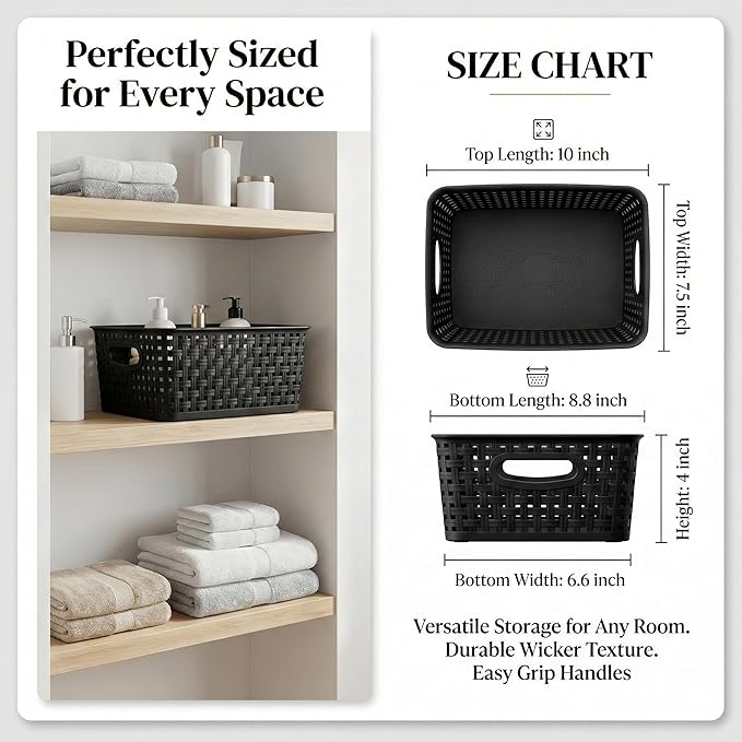 8 Pack Black Storage Baskets, Plastic Woven Organizer Baskets, Stackable Shelf Baskets for Closet, Pantry, Bathroom & Laundry Room