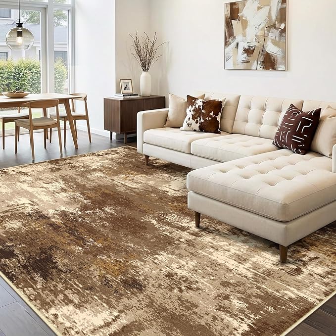 Washable Area Rugs 10'x14 Non-Slip Modern Abstract Soft for Living Room Entryway Bedroom Nursery, Print Pattern, Brown Tan Beige Coffee