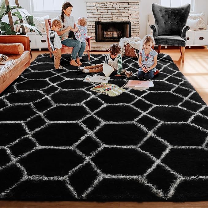 ONASAR 8x10 Area Rugs for Living Room, Fluffy Black and White Bedroom Rug, Geometric Boho Large Soft Plush Shaggy Fuzzy Floor Carpet for Nursery Kids Classroom Playroom Dorm Home Decor
