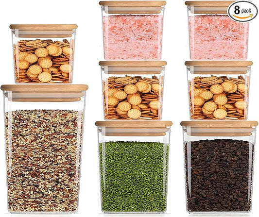 Square Storage Containers with Lids, Clear Food Storage Container Jar with Sealing Bamboo Lid for Noodles Flour Cereal Rice Sugar Tea Coffee Beans (20oz*5/40oz*2/67oz*1)