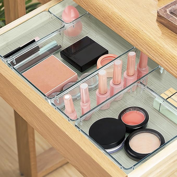 13 PCS Drawer Organizer Set, 5 Varied Size Bathroom and kitchen Drawer cabinet organizer Trays, Clear Storage Bins for Makeup, Jewelry, Utensils and Gadgets