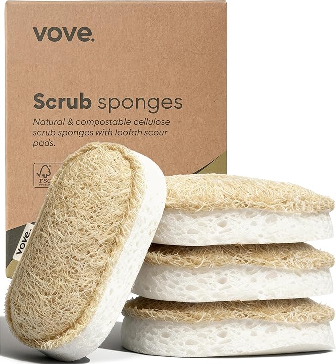Vove Scrub Sponges, 8 Pack - Loofah & Cellulose Sponges with Cotton, Natural Eco Friendly Kitchen & Dish Sponges, Scouring Scrubbers for Household Cleaning, FSC-Certified Packaging