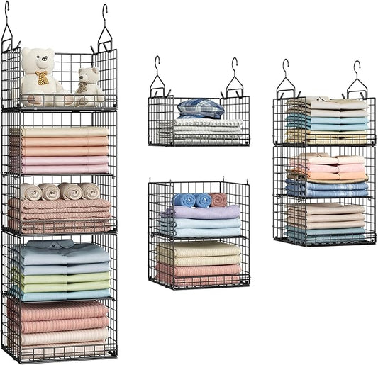 5 Tier Closet Hanging Organizer and Storage Separable Hanging Closet Shelves with 4 Hooks 2 Adjustable Dividers, Wire Storage Basket Bins for Clothing Sweaters Socks Dolls Handbags, Foldable